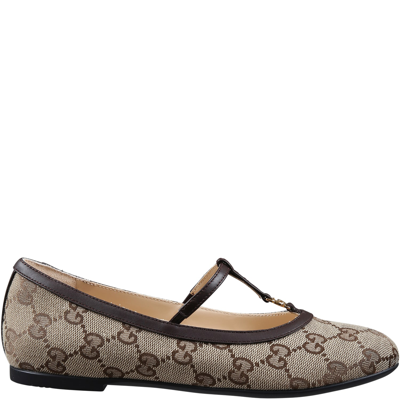 Gucci Kids' Brown Ballet Flats For Girl With Gg In Beige