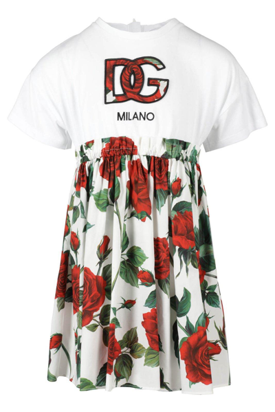 Dolce & Gabbana Kids' Rose-print Cotton Midi-dress In Bianco