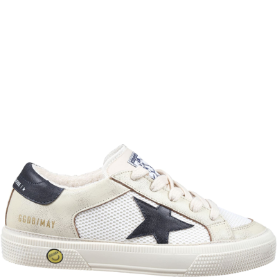 Golden Goose Ivory Sneakers For Kids With Logo In Neutrals/blue