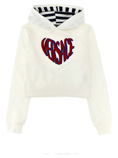 Versace Kids' Logo Embroidery Hoodie In Bianco