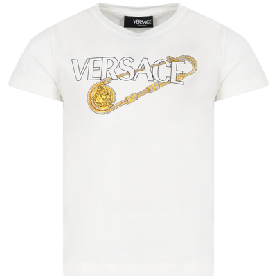 Versace Kids' White T-shirt For Girl With Logo In Bianco