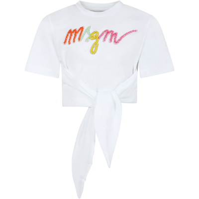 Msgm Kids' White T-shirt For Girl With Multicolor Logo