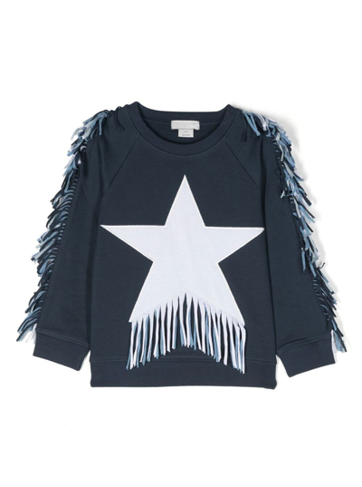 Stella Mccartney Kids' Cotton Star-print Fringed Sweatshirt In Blue
