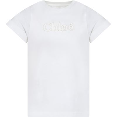 Chloé Kids' White T-shirt For Girl With Logo In Bianco Sporco