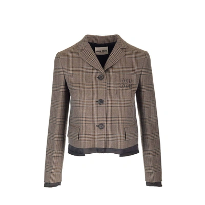 Miu Miu Check-pattern Wool Jacket In Brown