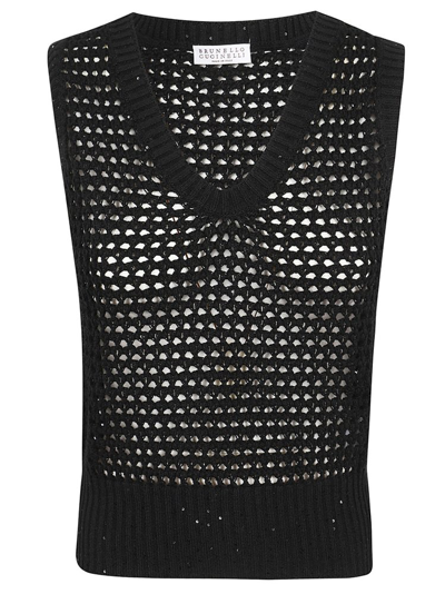 Brunello Cucinelli Sequin Embellished Open Knitted Waistcoat In Black