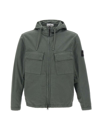 Stone Island Logo Patch Hooded Drawstring Jacket In Green