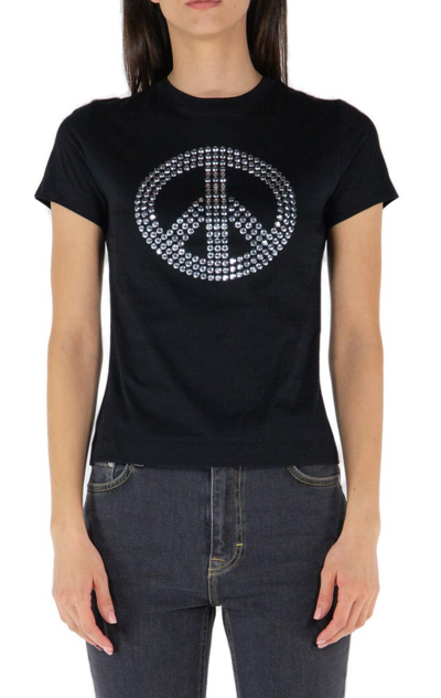 Moschino Rhinestone Peace Sign T-shirt In Black
