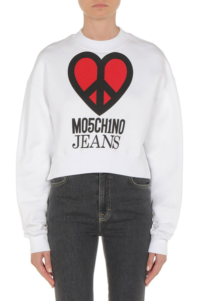 Moschino Jeans Heart Printed Crewneck Sweatshirt In White