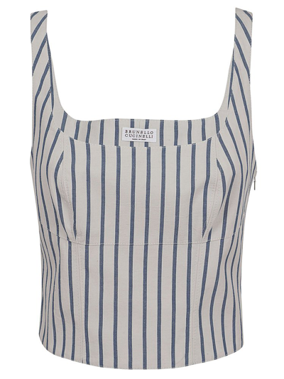 Brunello Cucinelli Women's Striped Cotton And Linen Wrinkled Poplin Cropped Top In Azure