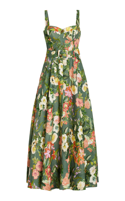 Cara Cara Calypso Belted Floral Linen Bustier Midi Dress In Olive Kingston Fl