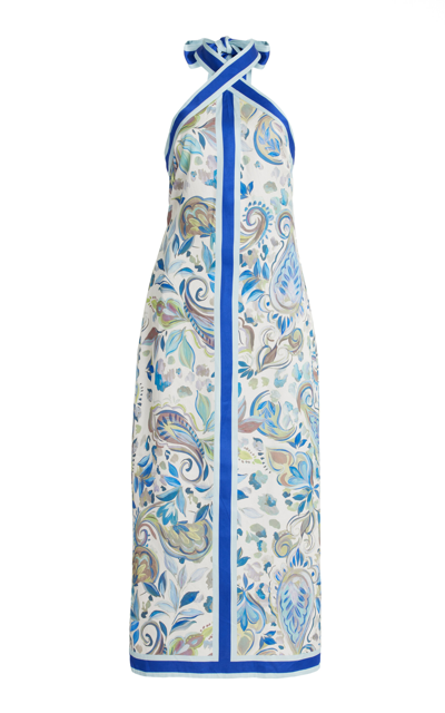 Significant Other Polly Paisley Satin Midi Halter Dress In Blue