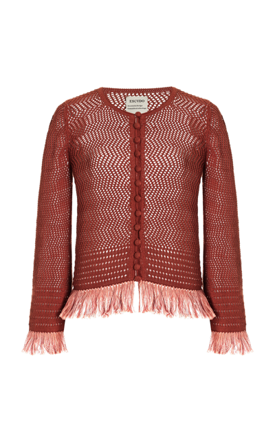 Escvdo Carisa Fringed Cotton-knit Cardigan In Brown