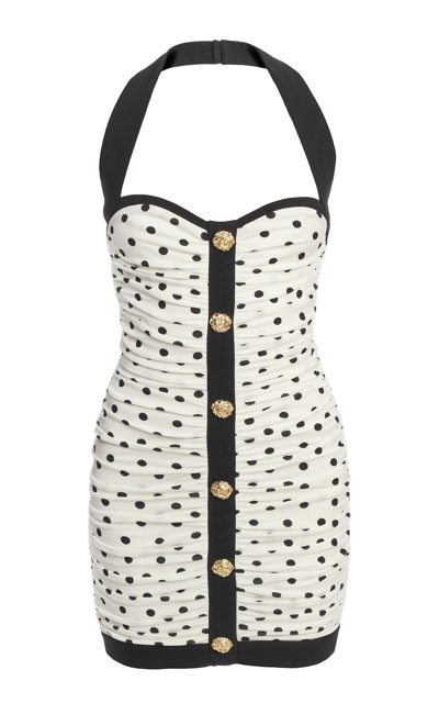 Balmain Buttoned Polka-dot Halter Mini Dress In Black,white