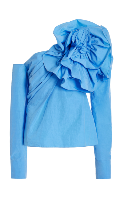 Balmain Rosette-detailed Cotton Poplin Top In Blue