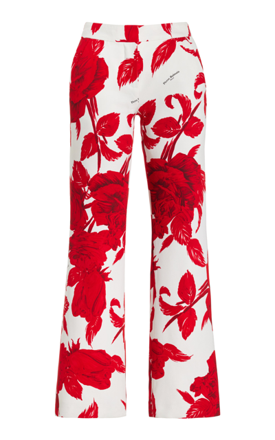 Balmain Cropped Floral Low-rise Crepe Flared Trousers In Mey Blanc Rouge