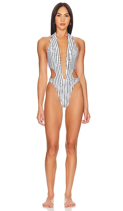 Poster Girl Portia Swimsuit In White & Black Pinstripe
