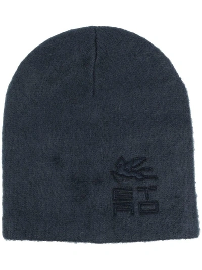 Etro Blue-grey Virgin Wool Mohair Knitted Hat In Black