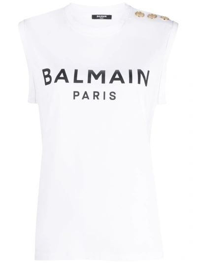 Balmain Button-detail Logo-print Tank Top In White