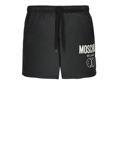 Moschino Black Double Smiley Swim Shorts In A1555 Fantasy Print