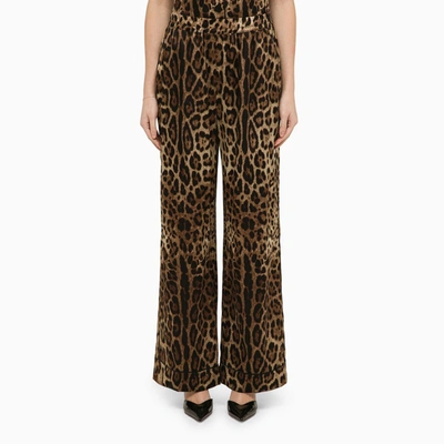 Dolce & Gabbana Leopard Print Trousers In Silk Satin In Brown