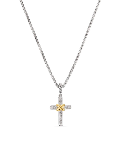 David Yurman Women's Petite Cross Necklace In Sterling Silver With 18k Yellow Gold With Diamonds, 20.8mm In Metallic