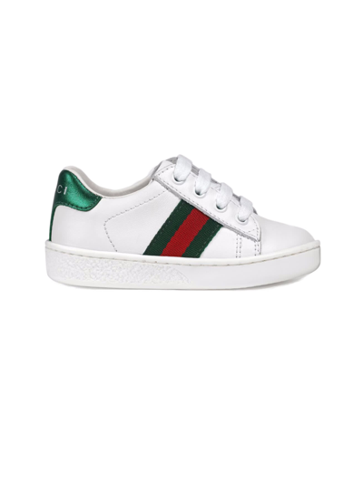 Gucci Kids' “new Ace”皮革粘扣运动鞋 In White