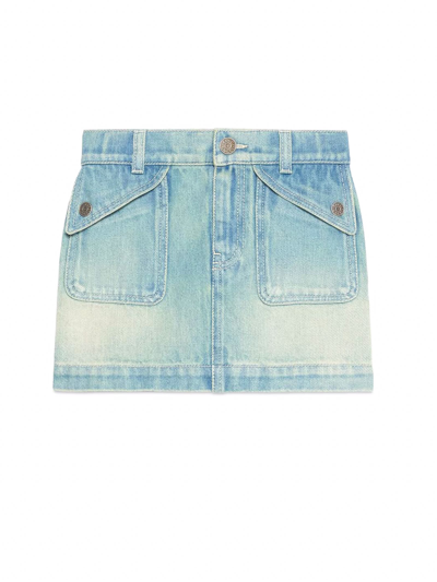 Gucci Kids Logo Patch Denim Skirt In Blue