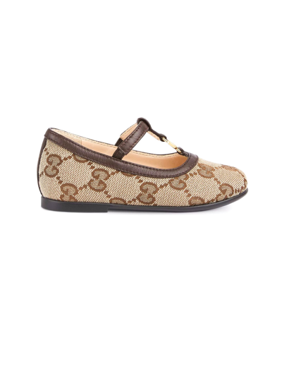 Gucci Kids' Gg Supreme 帆布芭蕾平底鞋 In Beige,ebony