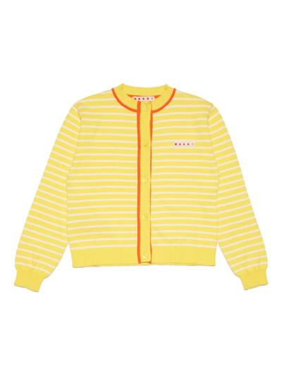 Marni Kids Logo Patch Striped Cardigan In Yellow