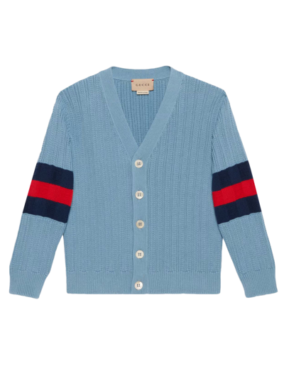 Gucci Kids' Light Blue Cardigan For Boy With Web Ribbon Motif