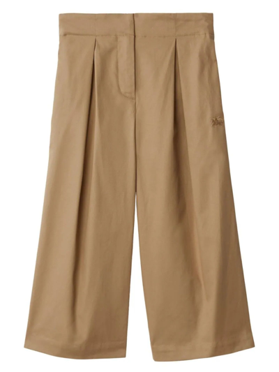 Burberry Kids' Ekd Pleated Cotton Trousers In Brown