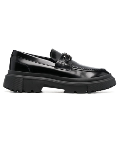 Hogan Logo-plaque Leather Loafers In Black