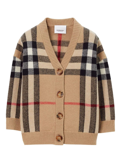 Burberry Kids'  Childrens Check Wool Cashmere Cardigan In Archive Beige