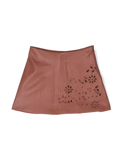 Chloé Kids' Embroidered Leather Skirt In Brown