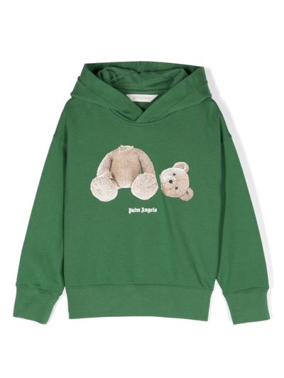 Palm Angels Kids' Teddy Bear-print Cotton Hoodie In Green