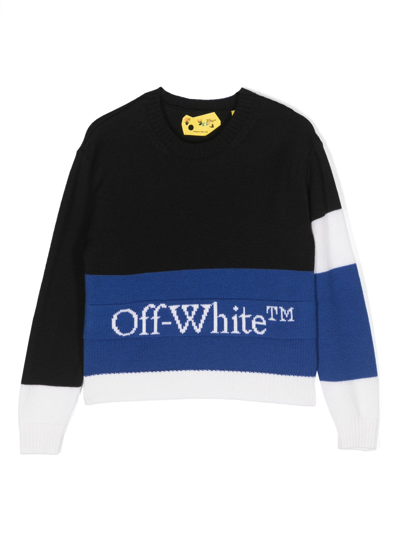 Off-white Kids' Logo拼色羊毛毛衣 In Black