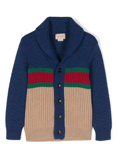 Gucci Kids' Boys Blue & Beige Wool-knit Web Cardigan