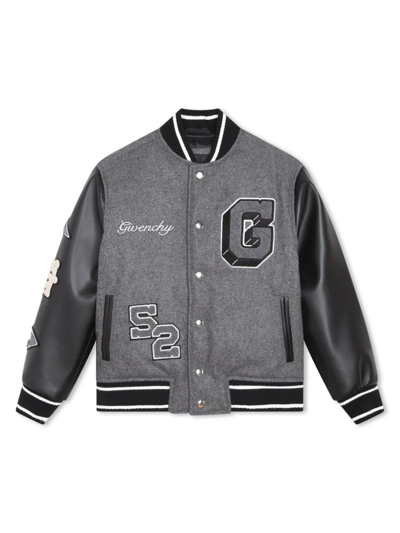 Givenchy Kids' Gray And Black Bomber Jacket With Embroidered Patches In Gris