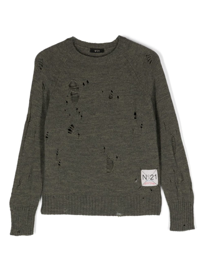 N°21 Kids' Distressed Wool Blend Knit Jumper In Dark Grey