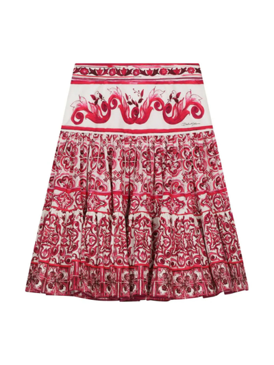 Dolce & Gabbana Kids' Majolica Print Cotton Poplin Midi Skirt In Fuchsia