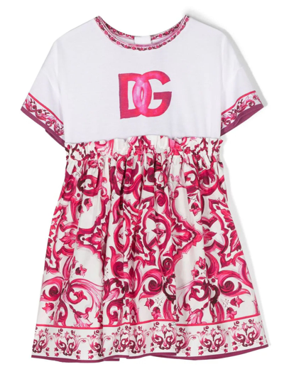 Dolce & Gabbana Kids' Logo印花棉质平纹针织连衣裙 In White,fuchsia