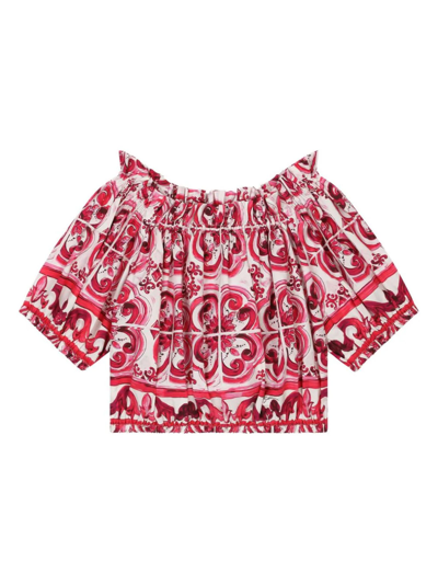 Dolce & Gabbana Kids' Majolica-print Poplin Cotton Top In Red