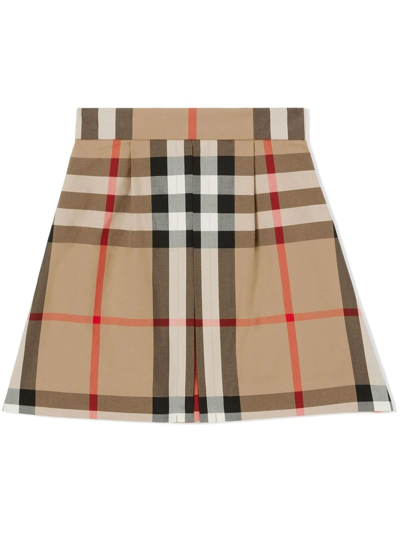Burberry Kids' Skirt With Elastic Waistband And Central Front Pleat In Classic Check In Beige