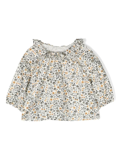 Teddy &amp; Minou Babies' Green Floral Blouse In White