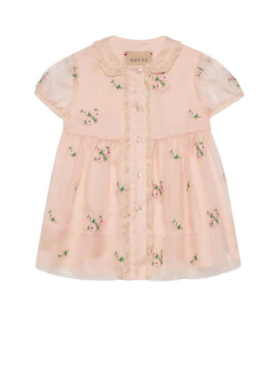 Gucci Pink Dress For Baby Girl With All-over Embroidered Roses
