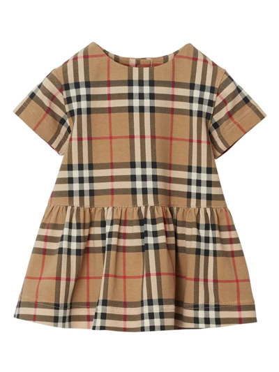 Burberry Babies'  Archive Beige Ip Chk Lena Checked Flared-hem Stretch-cotton Dress 1-18 Months In Brown