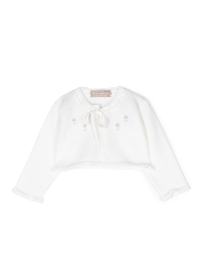 La Stupenderia Babies' Floral-embroidered Ribbed-knit Jacket In White