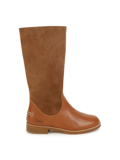 Chloé Kids' Logo-engraved Suede Knee-length Boots In Brown