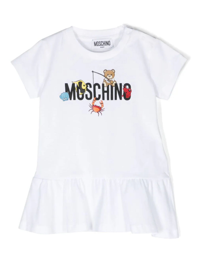 Moschino Babies' Logo印花棉连衣裙 In White